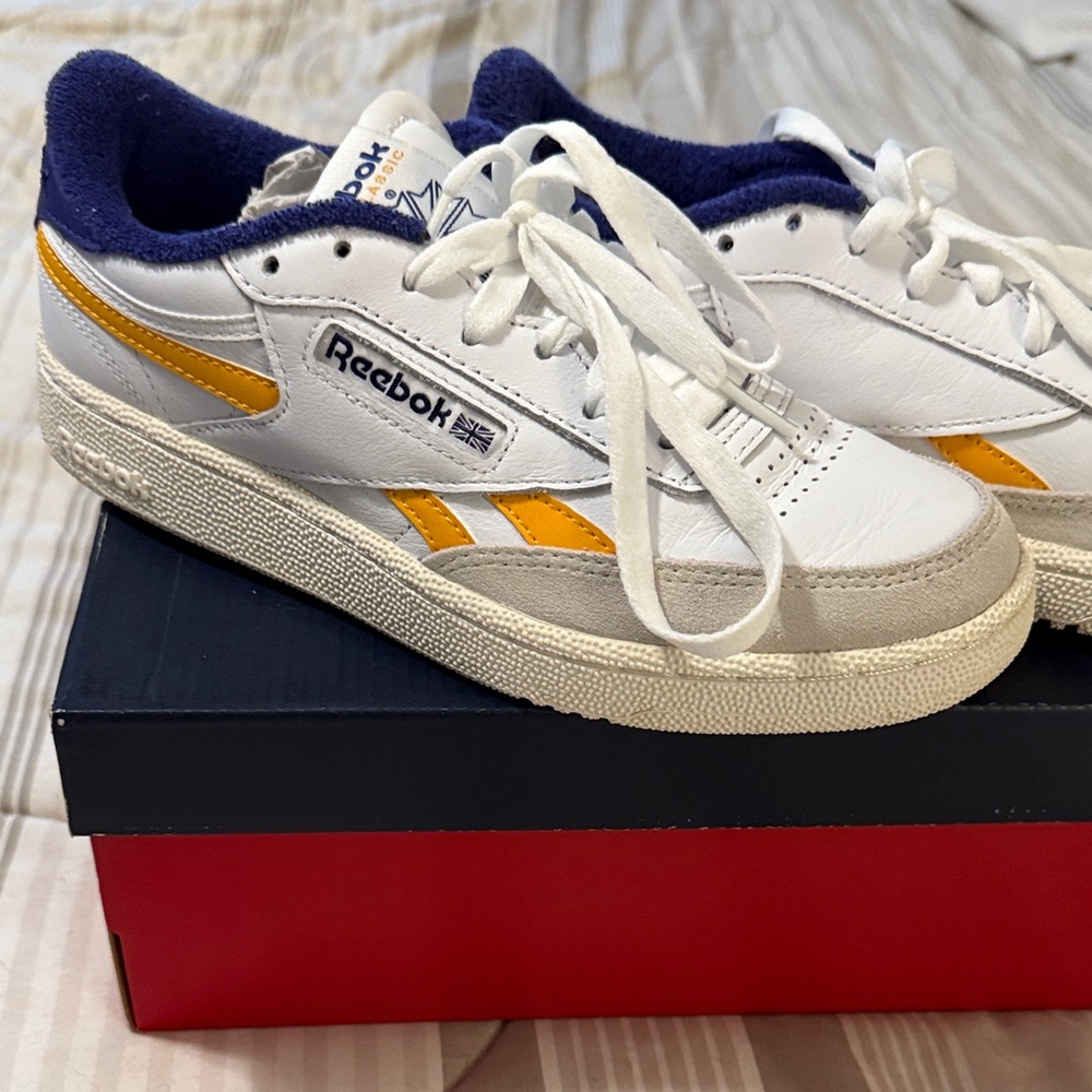 Vintage Reebok Classic Kicks - White Leather with Purple and Gold accents